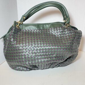 Cross Weave Woven Slouchy Handbag Hunter Green/Black Soft Leather Barcelona NEW